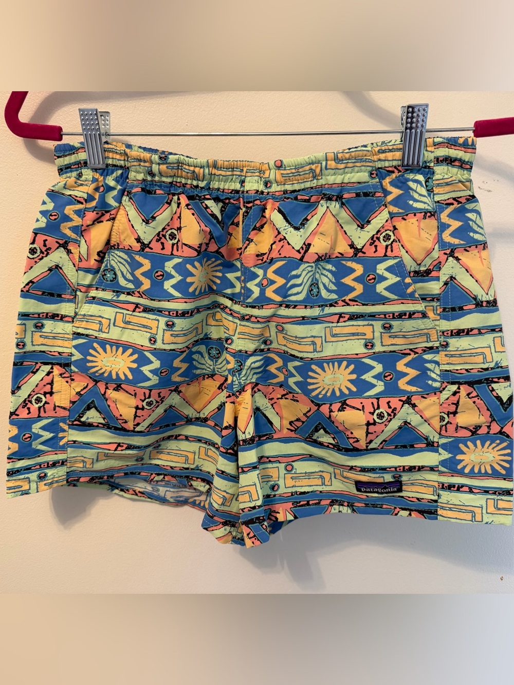 5” Patagonia Women's Blue Yellow Pink Green Patterned Athletic Shorts